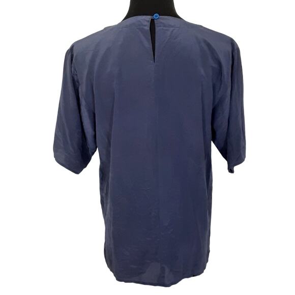 Vintage 80s 100% Silk Blouse Navy Blue Short Sleeve Womens S Minimalist Luxury - Picture 3 of 8